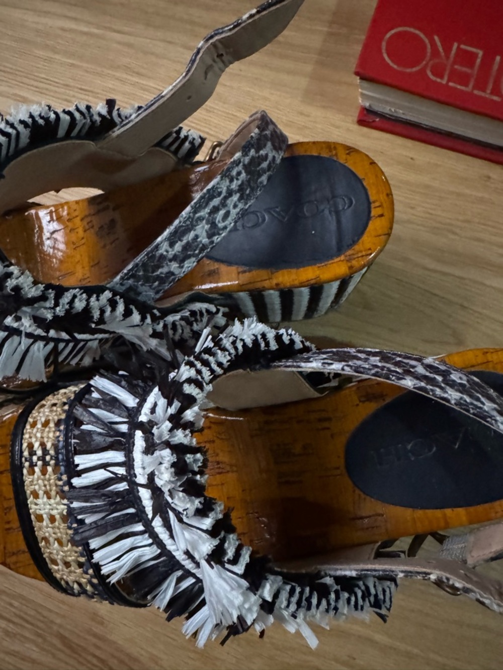 Coach Black & White Woven Platform Sandal with Raffia Strap - Picture 6 of 8
